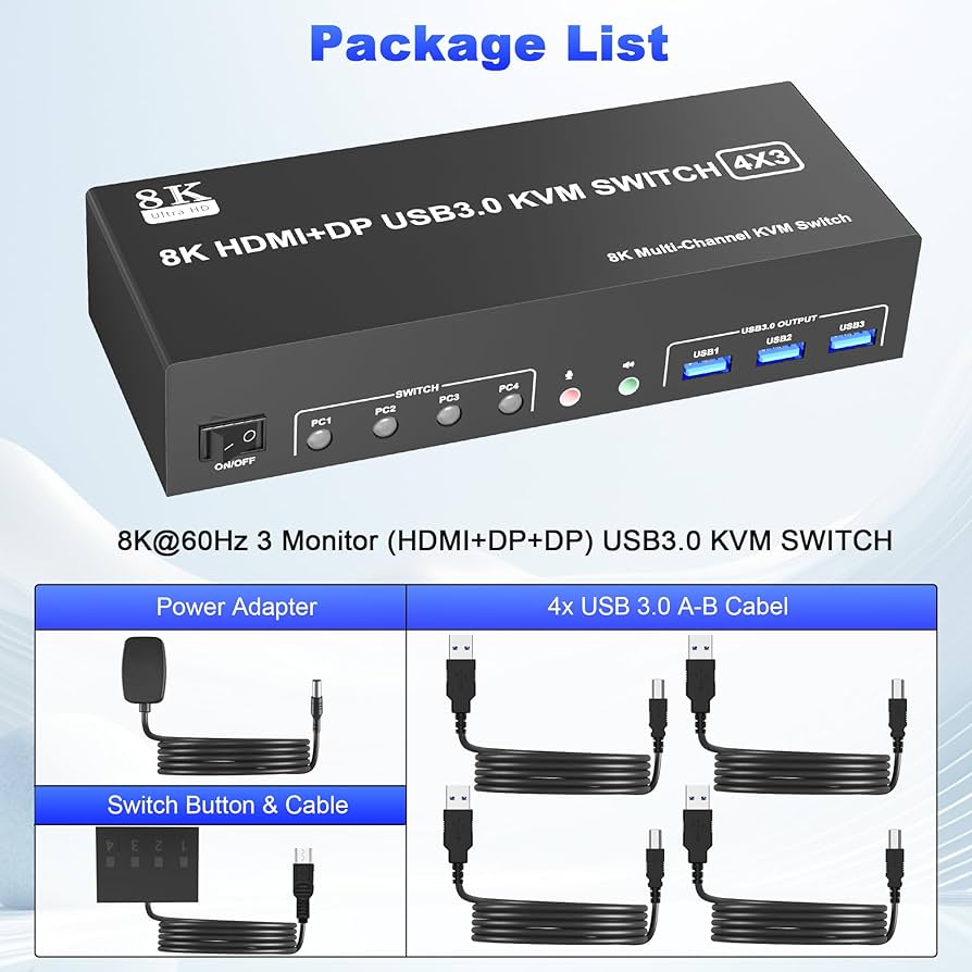 2 HDMI + DisplayPort USB 3.0 KVMスイッチ Amazon.com: 8K@60Hz USB3.0 KVM Switch 3Monitors 4Computers